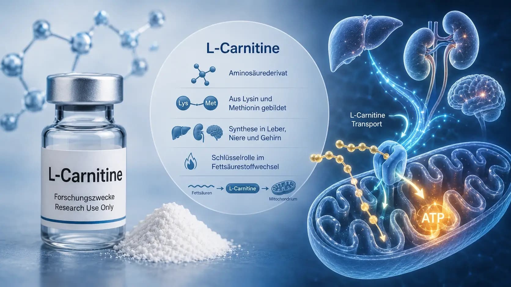 Was ist L-Carnitine? Visualisierung des Aminosäurederivats mit Carnitin-Shuttle, Fettsäuretransport und Mitochondrium im Forschungskontext.