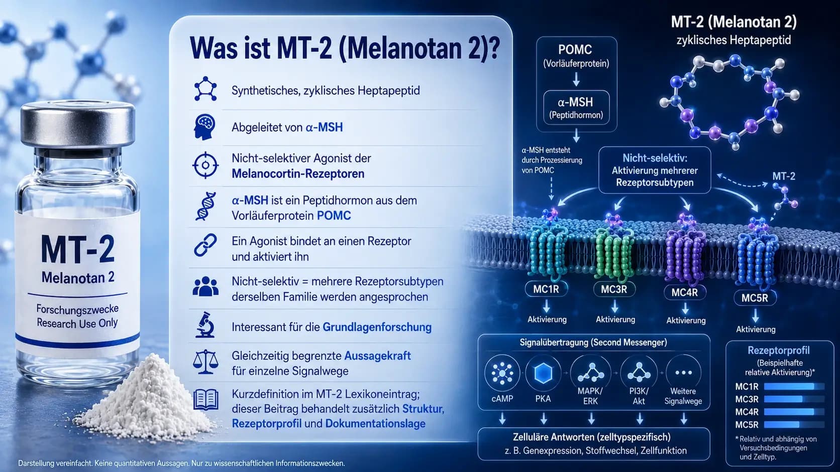 Was ist MT-2 (Melanotan 2)? Visualisierung des zyklischen Heptapeptids mit MC1R-, MC3R-, MC4R- und MC5R-Signalwegen.