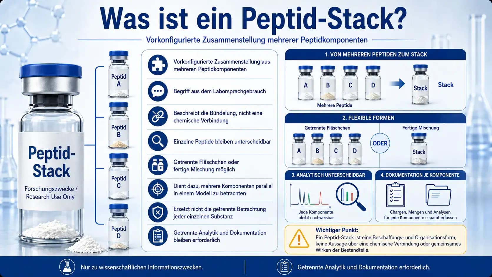 Was ist ein Peptid-Stack? Infografik zu getrennten Peptidkomponenten, fertigen Mischungen sowie Analytik und Dokumentation je Komponente.