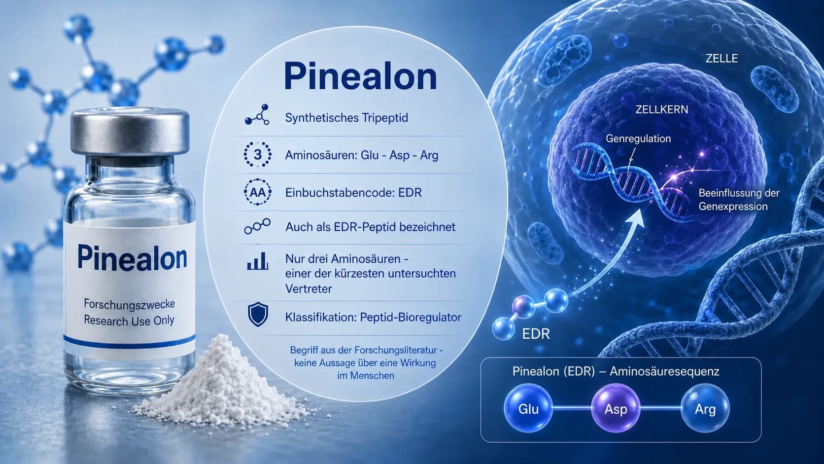 Was ist Pinealon? Visualisierung des EDR-Tripeptids aus Glutaminsäure, Asparaginsäure und Arginin im Kontext der Genregulationsforschung.