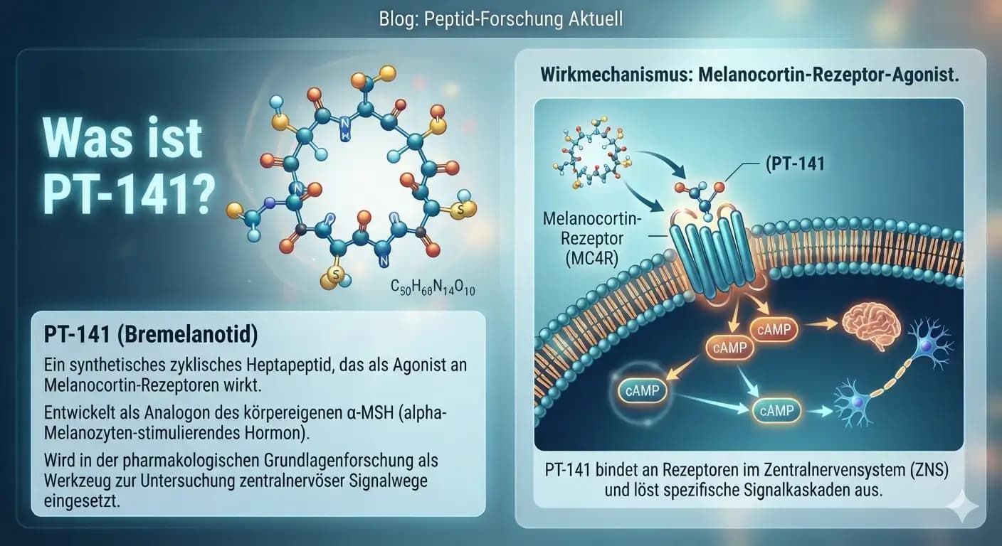 Visualisierung: Was ist PT-141? PT-141 als zyklisches Heptapeptid und Melanocortin-Rezeptor-Agonist mit MC4R-Signalweg.