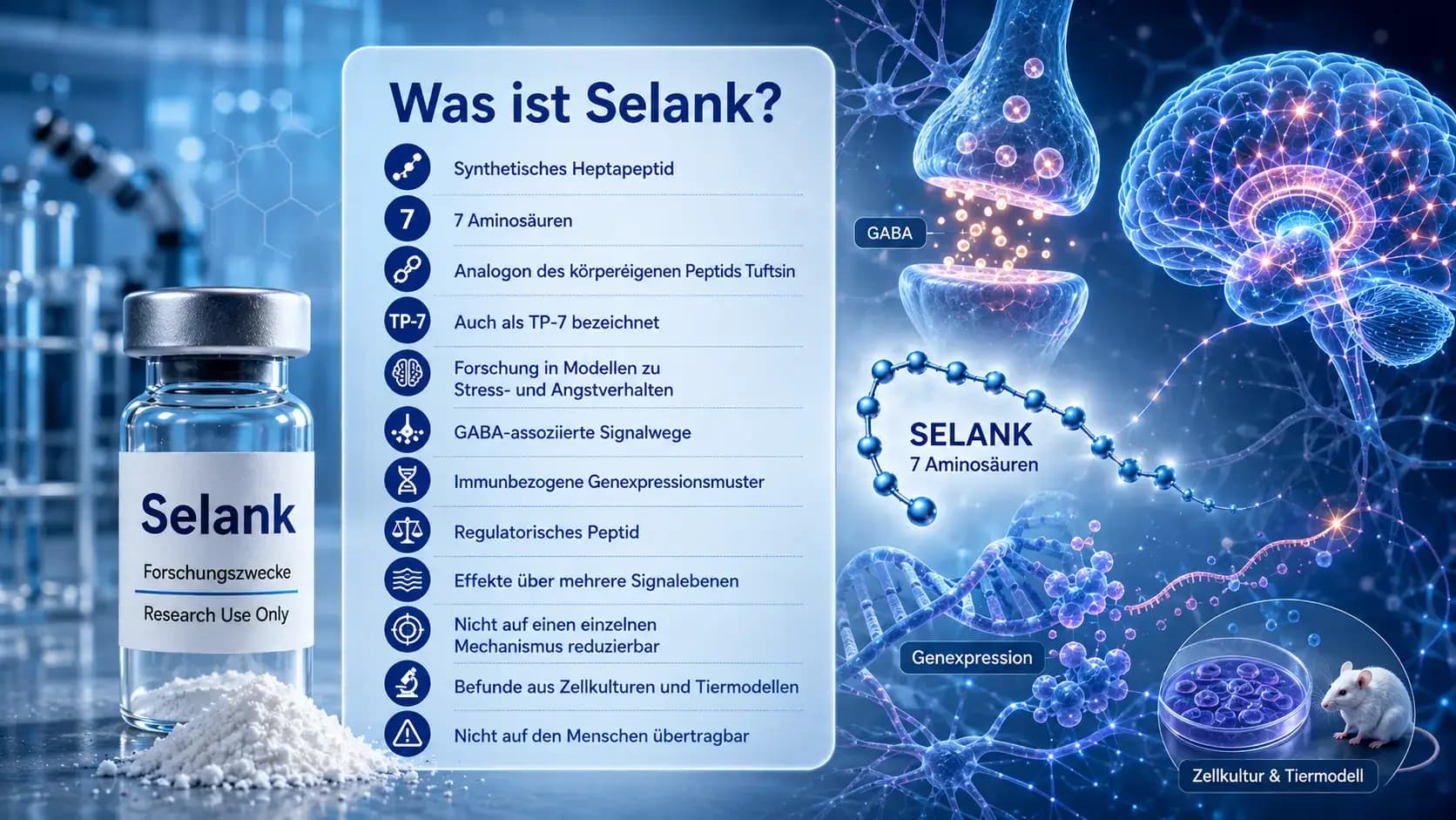 Was ist Selank? Visualisierung des synthetischen Heptapeptids aus sieben Aminosäuren, seiner Tuftsin-Herkunft sowie GABA- und Genexpressionsmodellen.