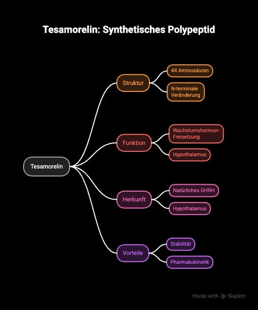 Diagramm: Was ist Tesamorelin? Tesamorelin als synthetisches Polypeptid mit Einordnung zu Struktur, Stabilität, Rezeptorwirkung und Forschung.