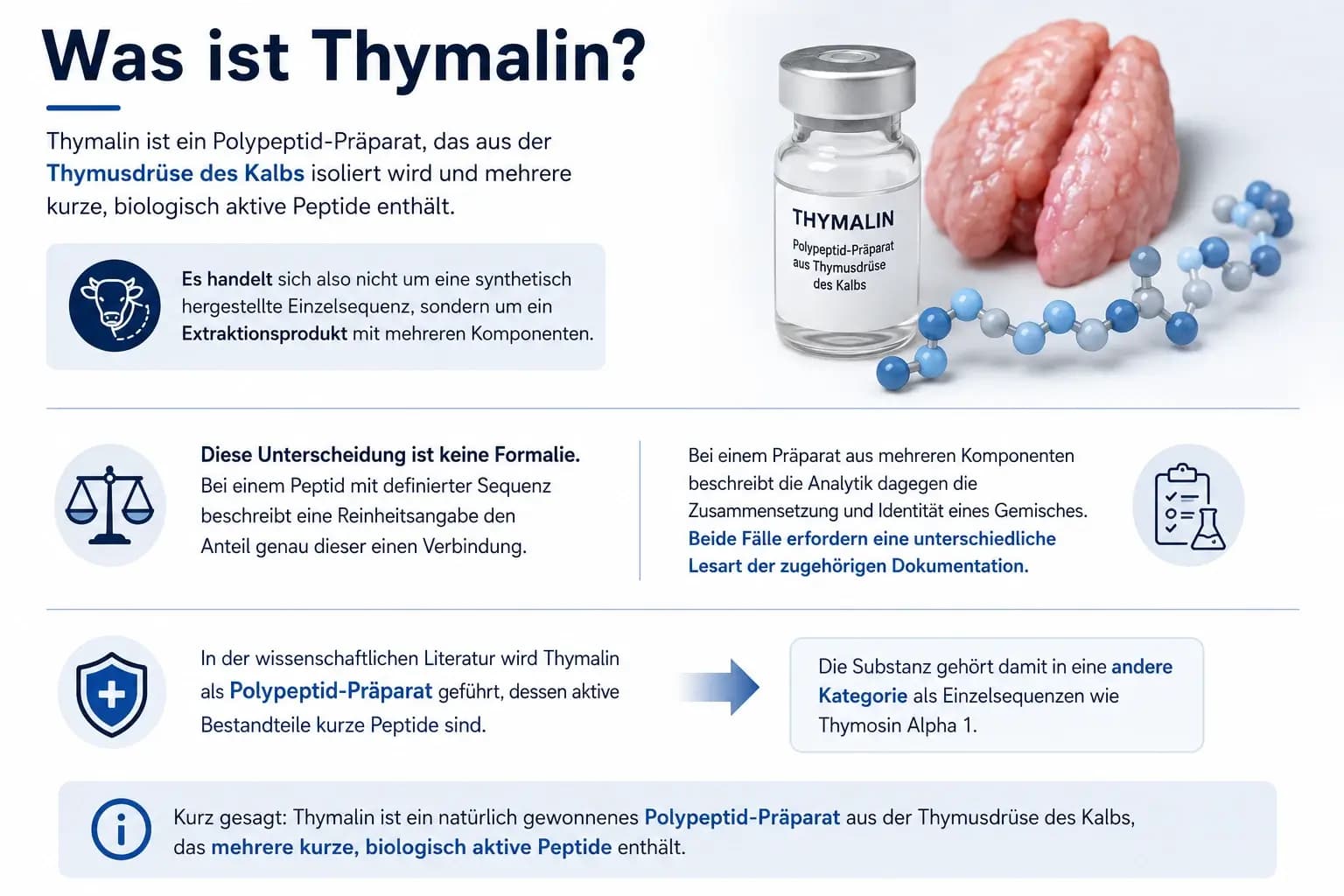 Was ist Thymalin? Visualisierung des Polypeptid-Präparats aus Kalbsthymus mit Thymusdrüse, Vial und Mehrkomponenten-Struktur.