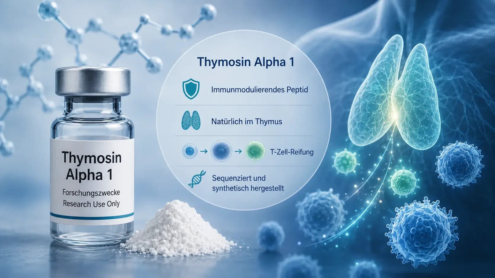 Visualisierung: Thymosin Alpha 1 als immunmodulierendes Peptid aus dem Thymus mit T-Zell-Reifung und synthetischer Herstellung für Forschungszwecke.