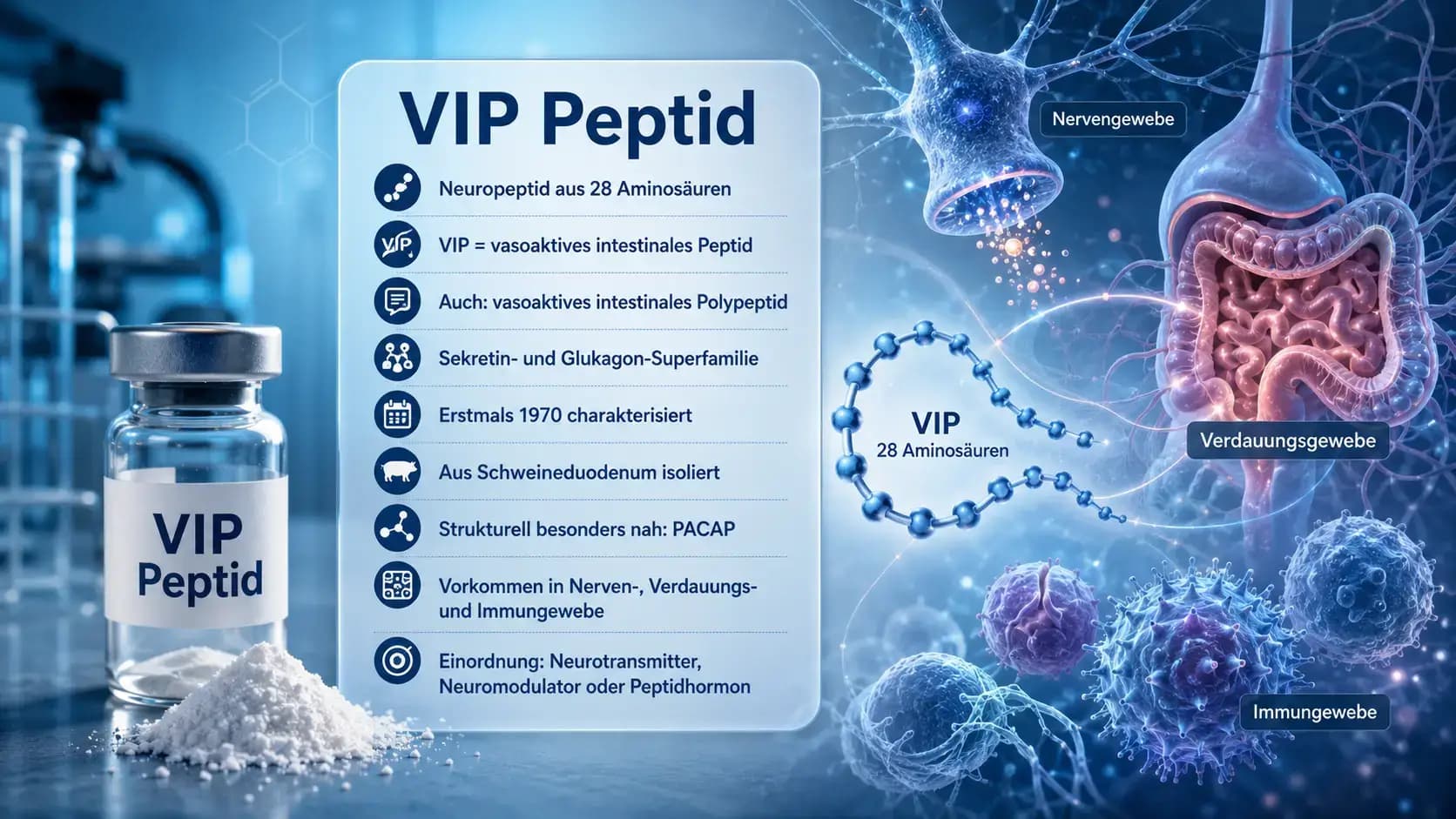 Was ist das VIP Peptid? Visualisierung des vasoaktiven intestinalen Peptids aus 28 Aminosäuren in Nerven-, Verdauungs- und Immungewebe.